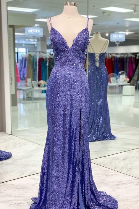 Tight Purple Sequined Long Prom Dress with Slit  cg21049