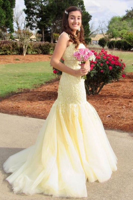 Straps Mermaid Yellow Lace Long Prom Dress    cg21060