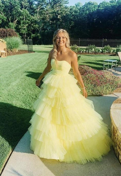 Yellow tulle long A line prom dress evening dress    cg21062