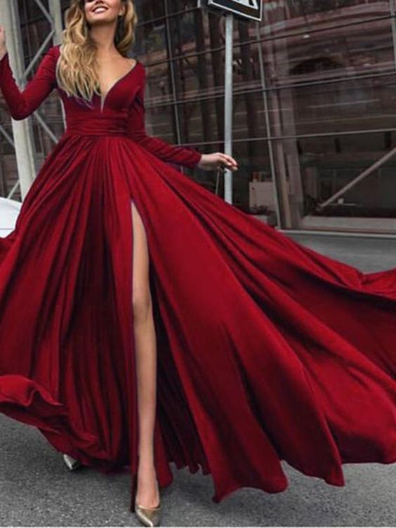 Split-Front Long Sleeves V-Neck Prom Dress   cg21076