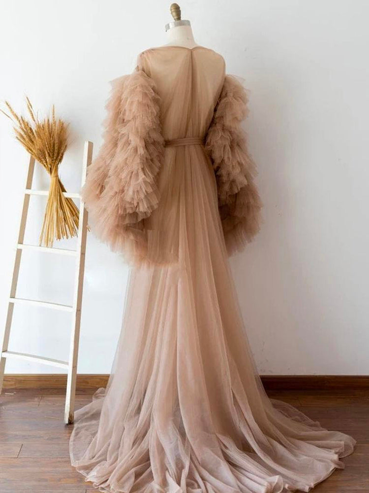 Champagne Tulle Maternity Women Dresses Ruffles Tiered Long Sleeves Full Sleeves Tulle Robe Women prom Dress   cg21082