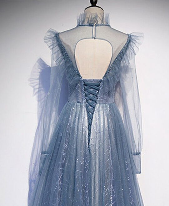 Blue Tulle Long Sleeve High Neck Backless Prom Dress    cg21100