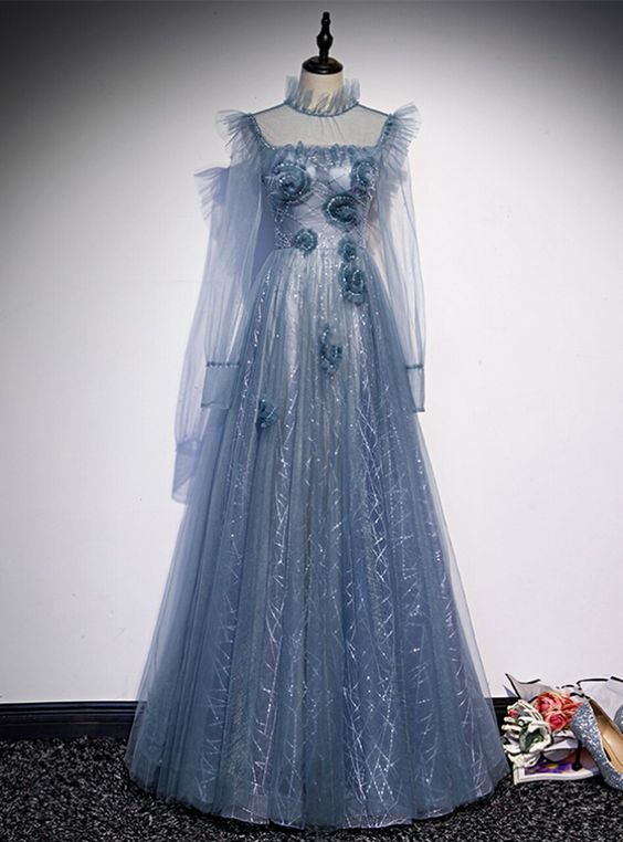 Blue Tulle Long Sleeve High Neck Backless Prom Dress    cg21100