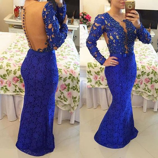 royal blue prom dresses, lace prom dresses, pearls prom dresses    cg21109