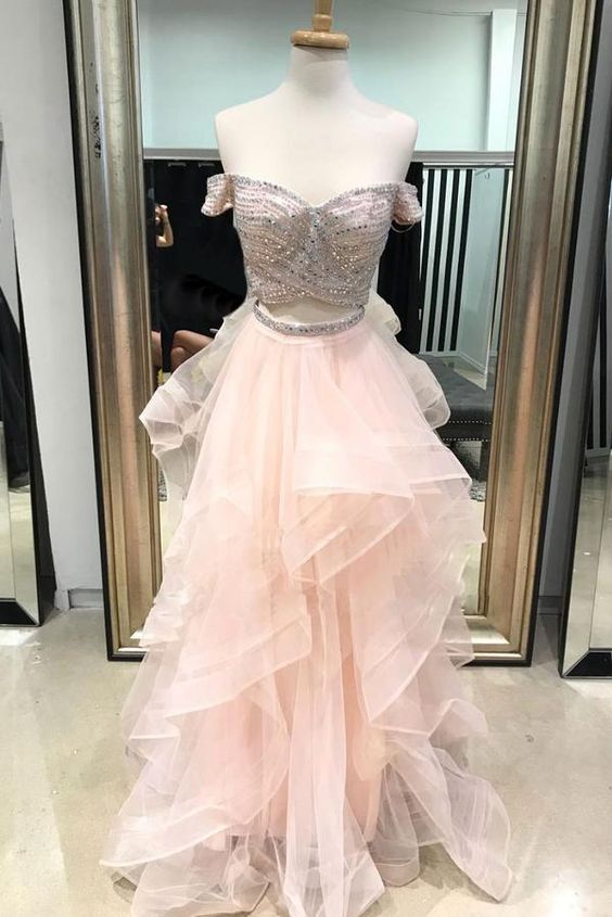 Pink two pieces beads tulle long prom dress, pink evening dress cg2111
