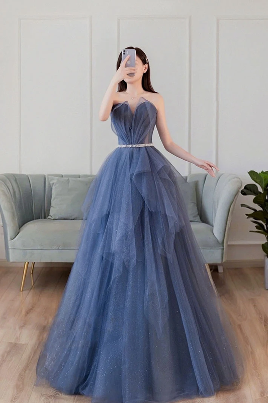 Blue sweetheart neck tulle long prom dress blue tulle formal dress    cg21112