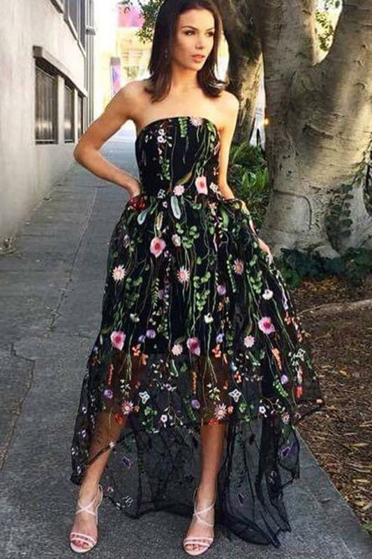 Strapless Black High Low Flowy Embroidery Prom Dresses Evening Dresses     cg21113