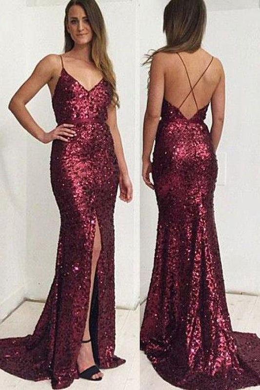 Gorgeous Sequin Mermaid Spaghetti Straps Long Prom Dress with Side Slit    cg21118