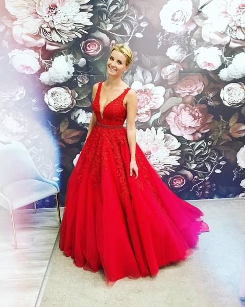 Charming V neck Tulle Red Long Prom Dress, Sexy Prom Dresses    cg21124