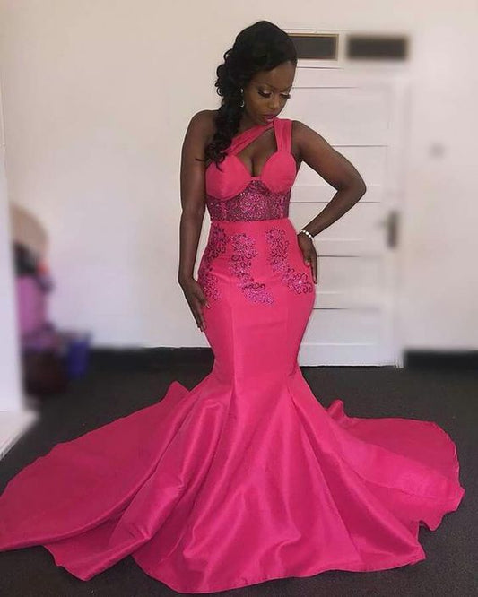 Hot Pink Fuchsia Mermaid African Girl Black Girl Prom Dresses One Shoulder Appliques Evening Formal Gowns   cg21147