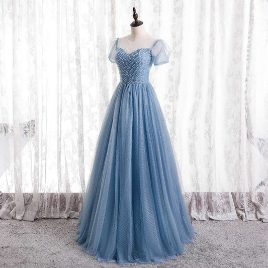 BLUE TULLE LONG A LINE PROM DRESS BLUE EVENING DRESS    cg21165