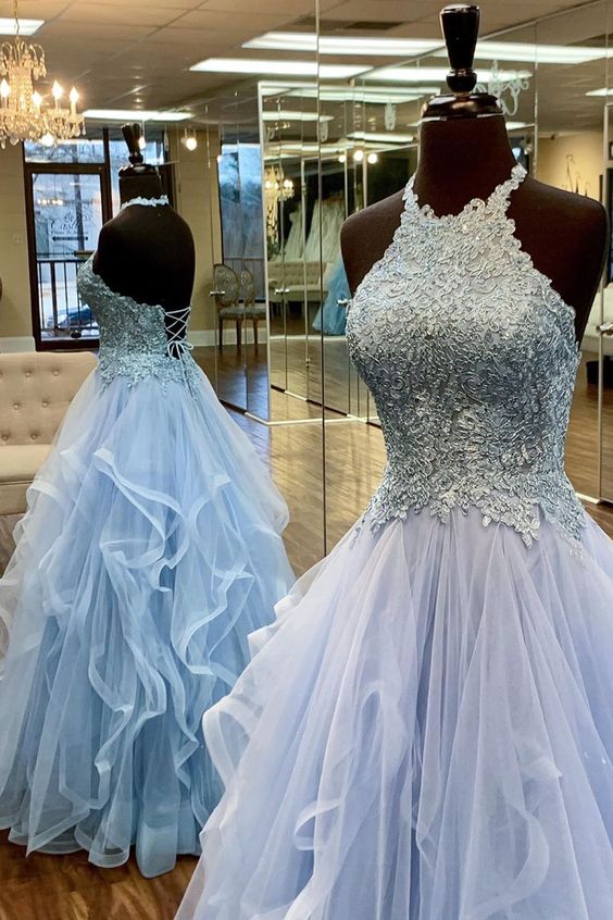 Elegant A-Line Halter Appliques Light Blue Prom Dress    cg21171