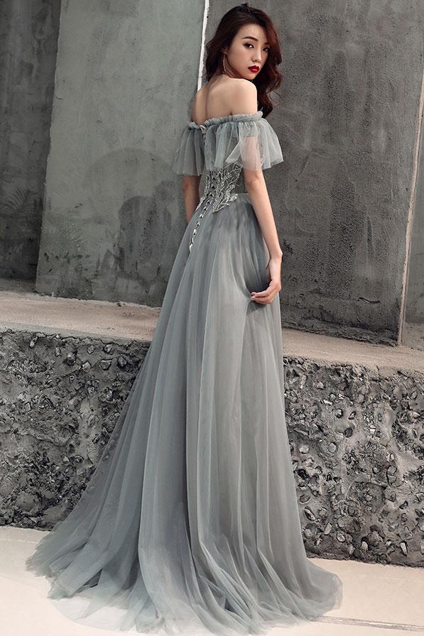 Grey Tulle Sweetheart Floor Length Sweetheart Long Formal Prom Dress    cg21180