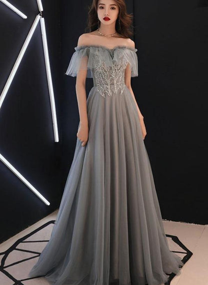 Grey Tulle Sweetheart Floor Length Sweetheart Long Formal Prom Dress    cg21180