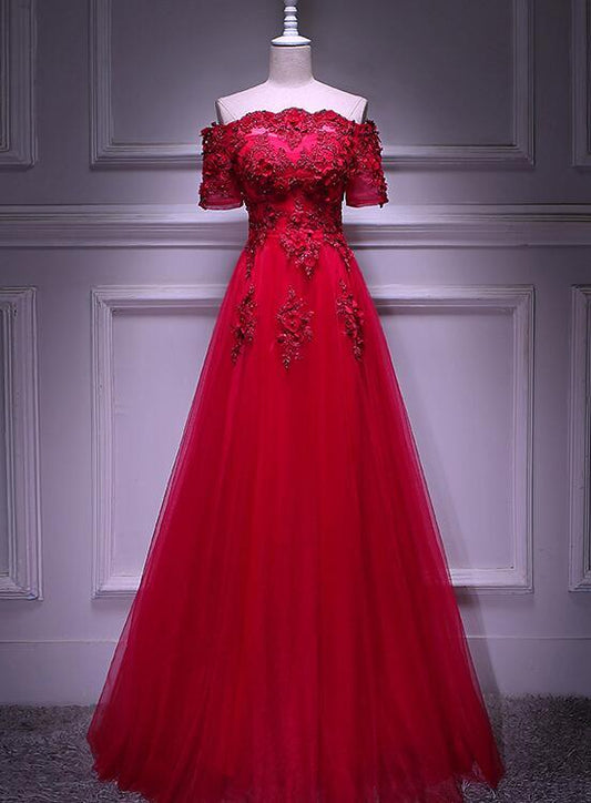 Red Tulle Short Sleeves Lace Applique Long Junior Prom Dress, Red Formal Gown    cg21182