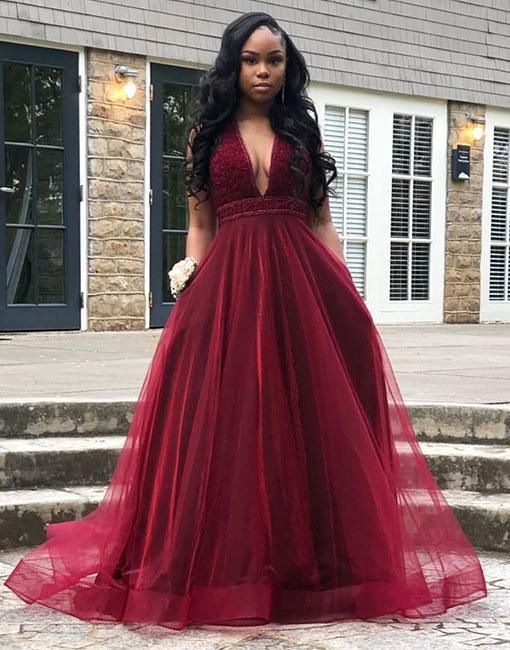 Burgundy v neck long prom dress, evening dresses  cg2119