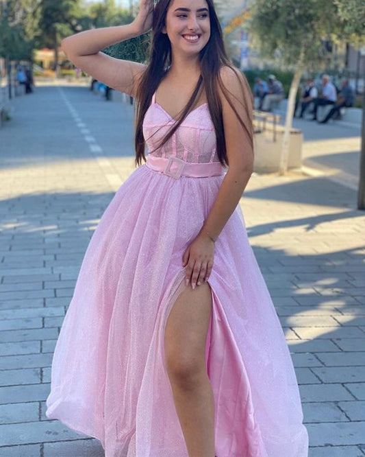 Pink seuqins prom dresses leg split evening gown prom dress    cg21200