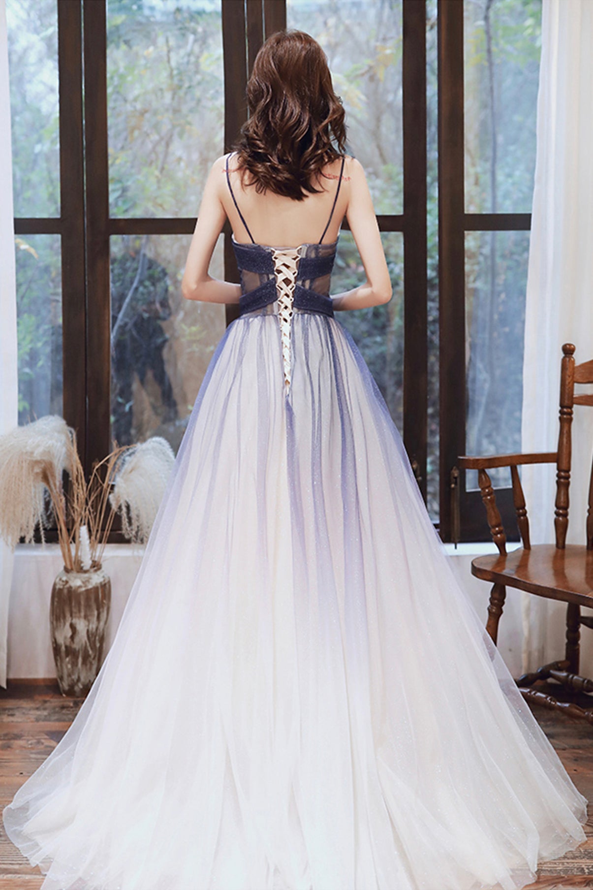 STYLISH V NECK TULLE LONG A LINE PROM DRESS BLUE EVENING DRESS    cg21204