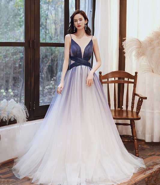 STYLISH V NECK TULLE LONG A LINE PROM DRESS BLUE EVENING DRESS    cg21204