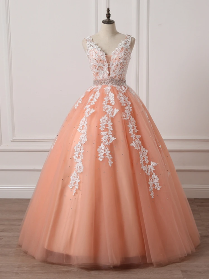 Charming Coral Princess V-Neckline Formal Dress, Lace Applique Beaded Prom Dress    cg21219