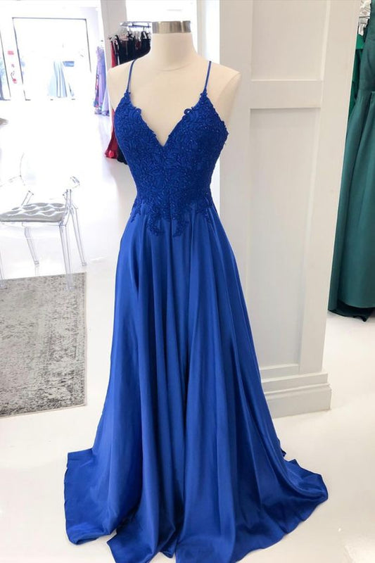 Blue satin lace long A line prom dress evening dress    cg21233