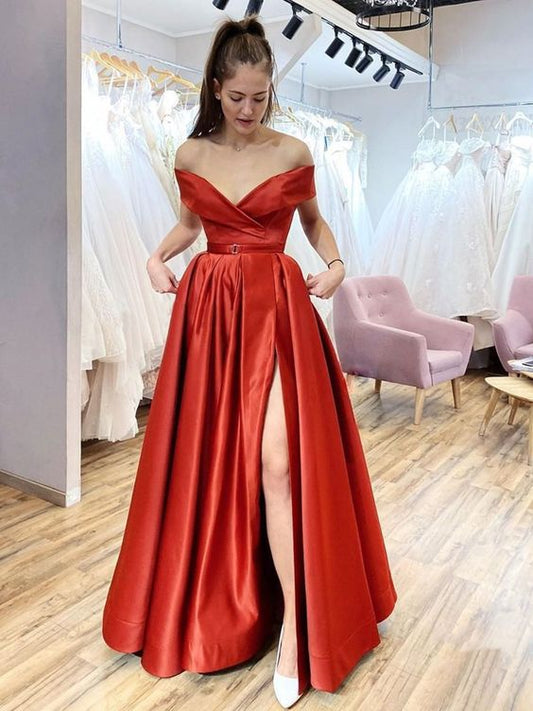 Off the Shoulder Red Satin Long Prom Dresses, Off Shoulder Red Formal Evening Dresses   cg21245