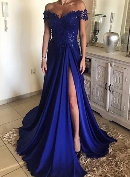 royal blue prom dress,off shoulder prom dress,charming prom gown with lace and split cg2126