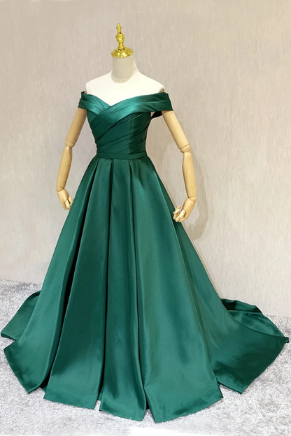 Dark Green A-Line Sweetheart Off Shoulder Satin Junior Prom Dress, Green Wedding Party Dress   cg21264