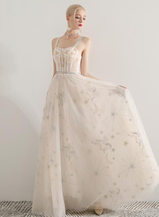 Ivory Sweetheart Straps Long Formal Dress, A-Line Ivory Tulle Evening Dress Prom Dress   cg21265