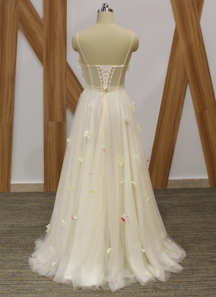 Ivory Tulle Spaghetti Straps Long 3D Lace Applique Senior Prom Dress, Evening Dress,     cg21269