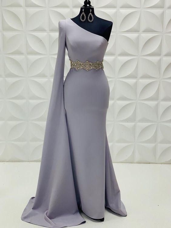 Sheath/Column One Shoulder Silver Long Prom Dresses Satin Evening Dress    cg21273