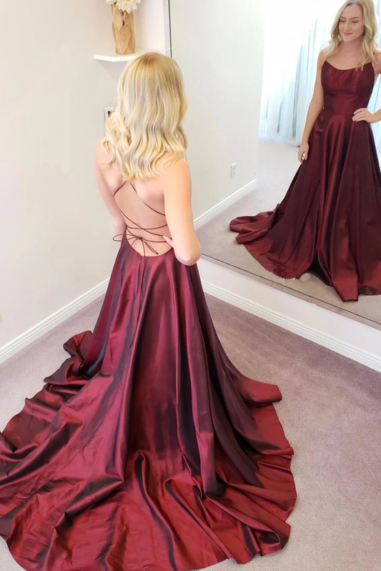 Simple burgundy satin long prom dress burgundy formal dress    cg21332