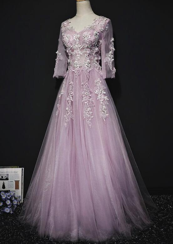 Pink Long Sleeves Tulle With Flowers V-Neckline Prom Dress, A-Line Pink Bridesmaid Dress Party Dress    cg21372