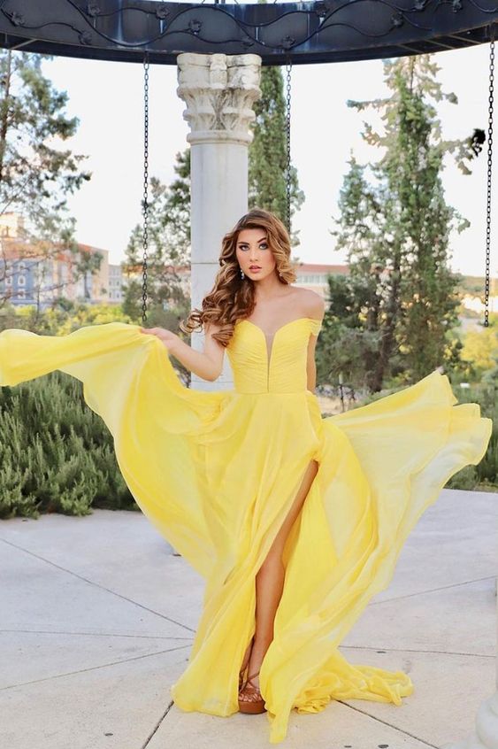 Yellow chiffon long prom dress yellow chiffon evening dress    cg21382