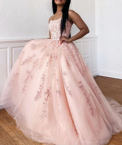 Pink lace long prom dress A line evening dress    cg21384