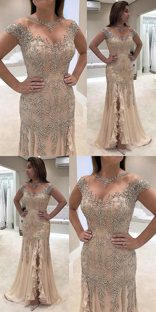 Sheath Prom Dresses,Round Neck Prom Dresses,Light Champagne Prom Dresses    cg21387