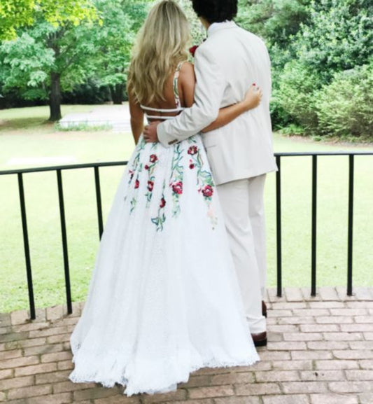 A Line V Neck White Lace Beaded Prom Dresses, White Long Beaded Lace Formal Graduation Evening Dresses    cg21389