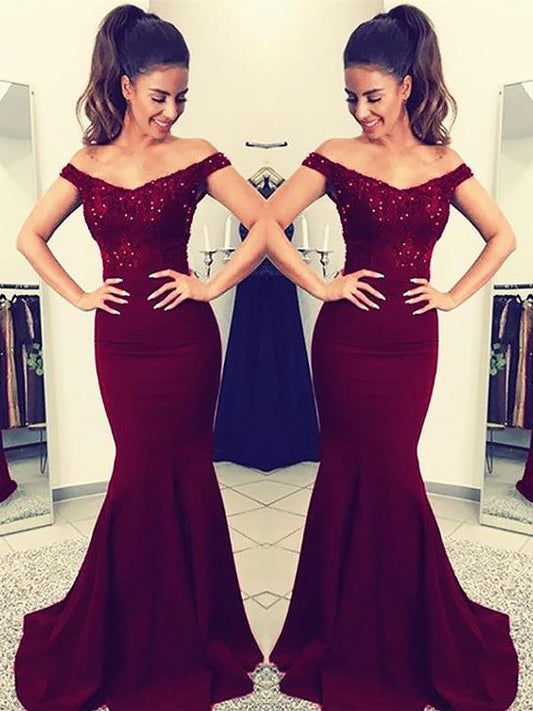 Charming Burgundy Off Shoulder Elastic Satin Long Mermaid Lace Prom Dresses    cg21390