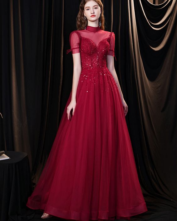 High Neck Burgundy Tulle Beading Evening Dress with Short Sleeves Prom Dress    cg21394