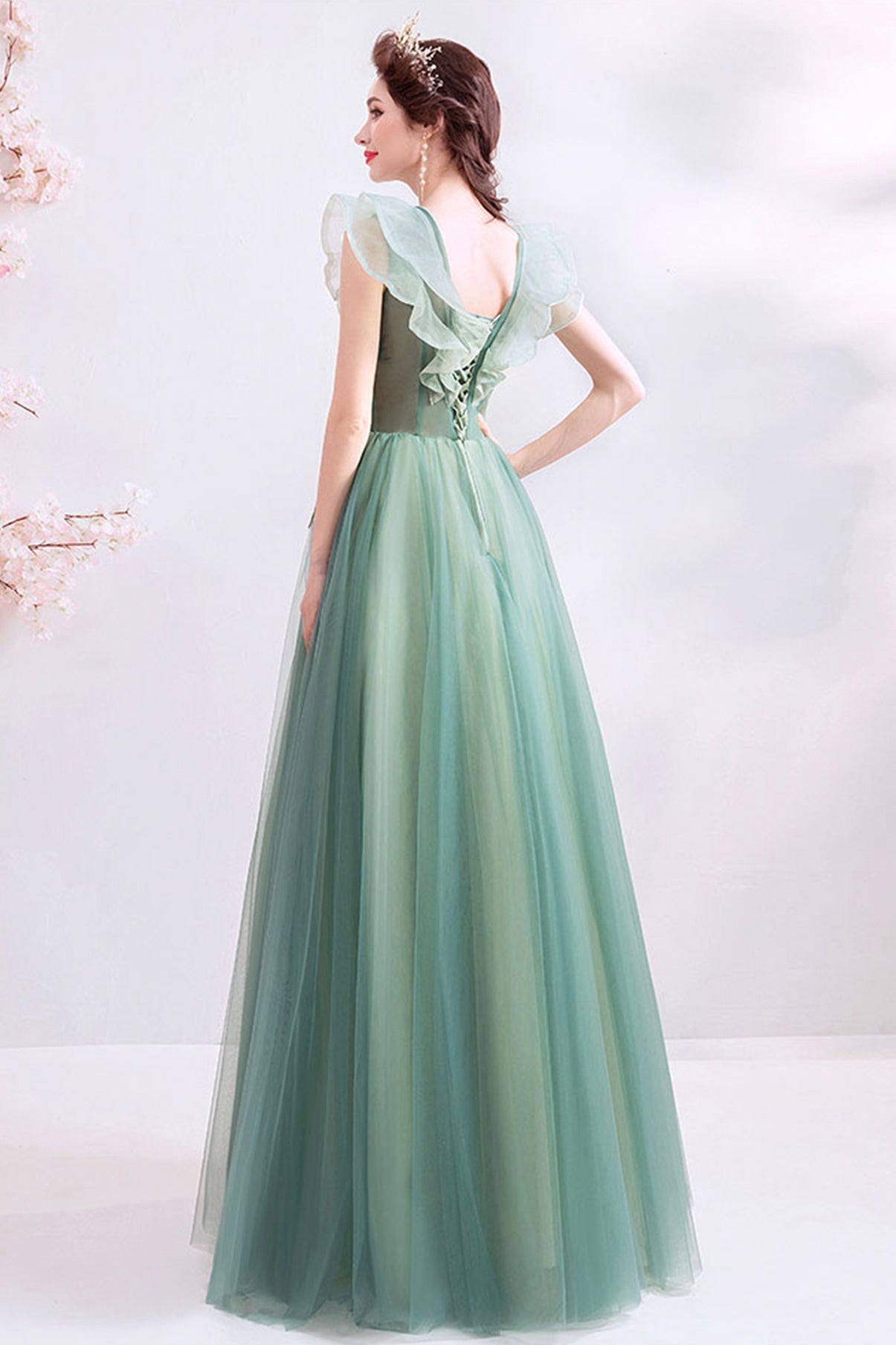 GREEN TULLE LONG A LINE PROM DRESS EVENING DRESS    cg21404