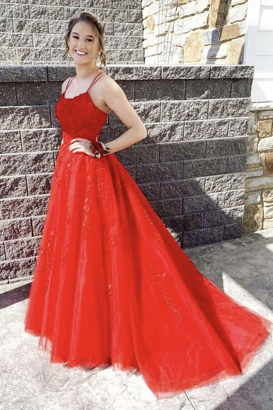 Red lace long A line prom dress red evening dress    cg21416