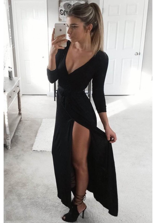 Black maxi dress with long sleeves and leg slit prom dress evening dress    cg21417