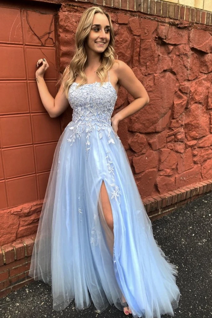 A Line Thin Strap Light Blue Lace Long Prom Dress with Slit, Light Blue Lace Formal Evening Dress   cg21435