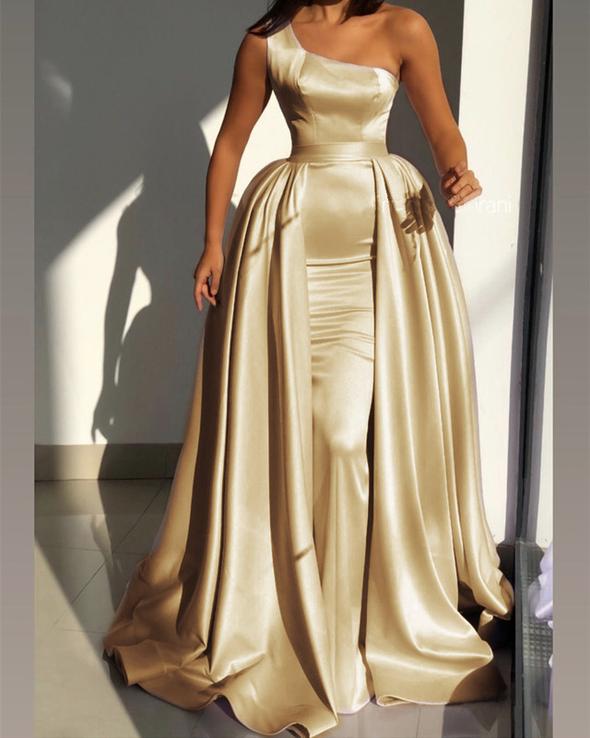 Mermaid One Shoulder Satin prom dresses Removable Skirt    cg21451