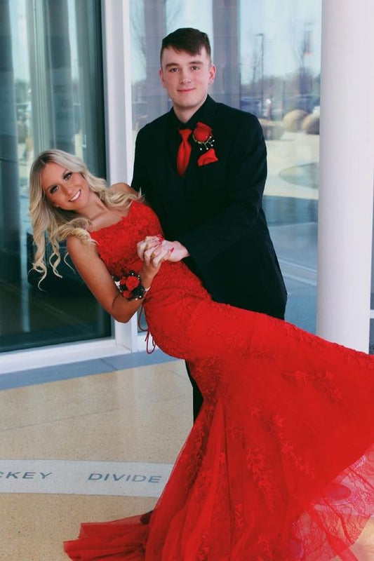 elegant mermaid red long prom dress with train   cg21459