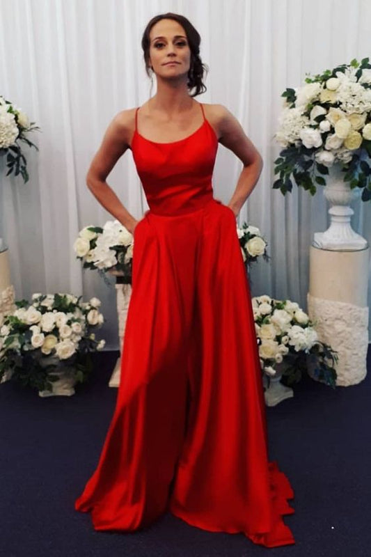 spaghetti straps red A-line long prom dress with pockets and pockets   cg21462