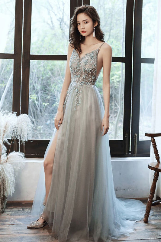 Gray v neck tulle beads long prom dress beads tulle evening dress    cg21465