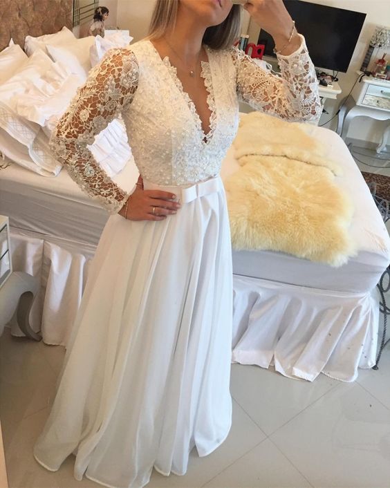 Elegant Long Sleeve Prom Dress,A Line Evening Dresses Lace Floor Length Sexy V Neck See Through Back White Custom Made Prom Dress   cg21487