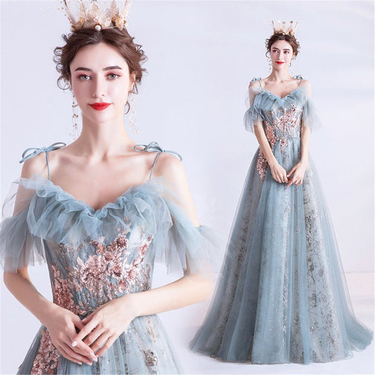 Vintage Prom Dress Light Blue Spaghetti Off Shoulder Formal Party Dress Sequined Ball Gown   cg21491