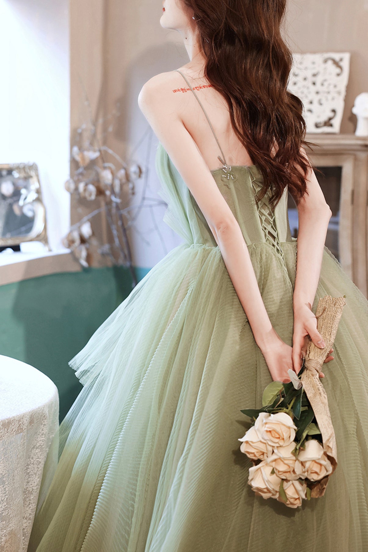 GREEN TULLE LONG A LINE PROM DRESS EVENING DRESS    cg21508